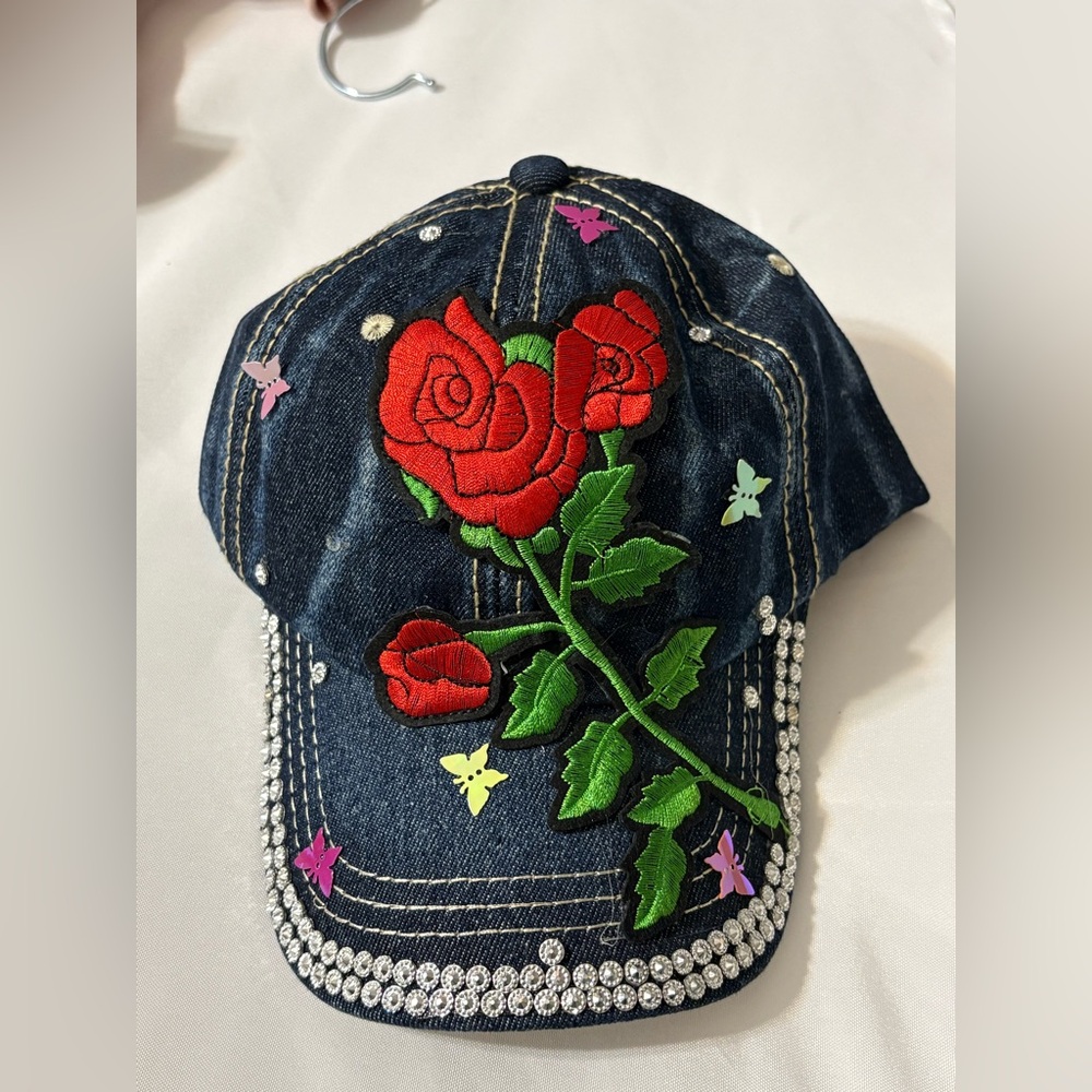 Bling Trucker Hat Women’s Red Rose Denim hat rhinestone embellishments butterfly